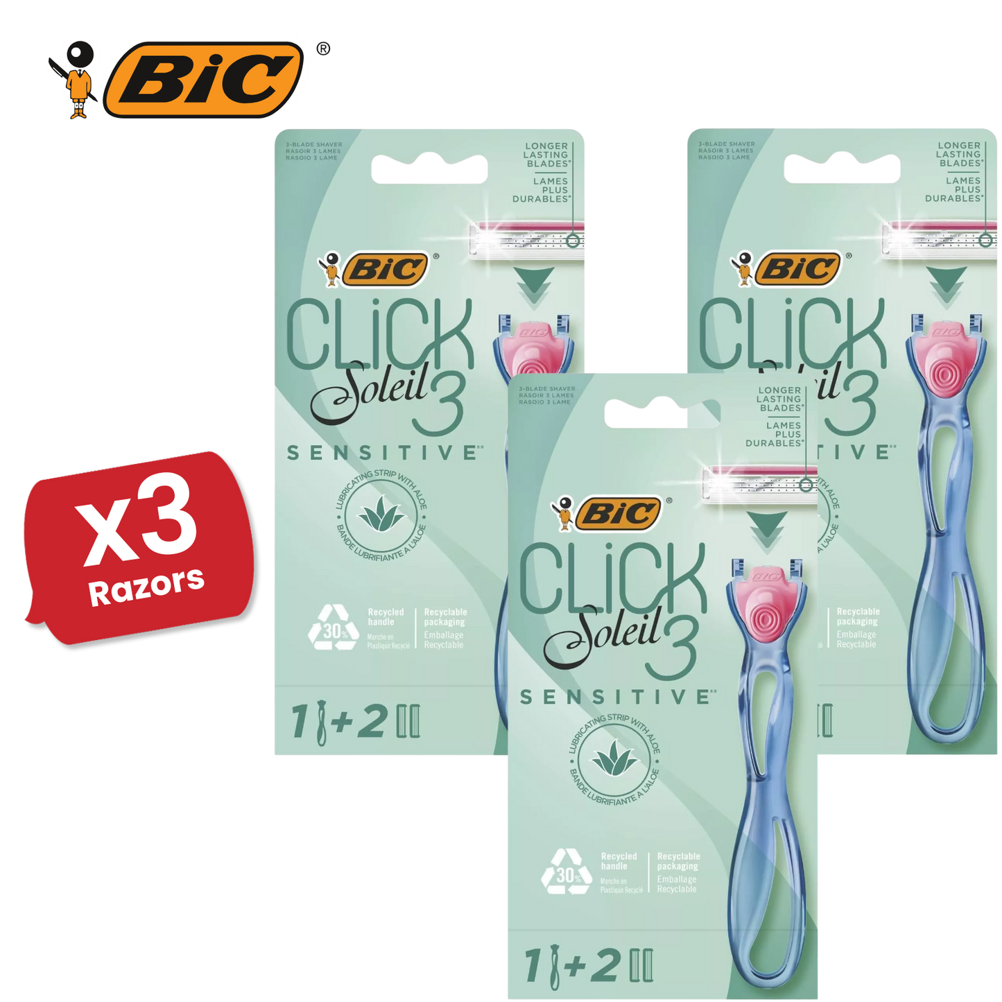 BIC Click 3 Soleil Sensitive Women's Razor Refills - 1 Handle + 4 Blades -1 to 5