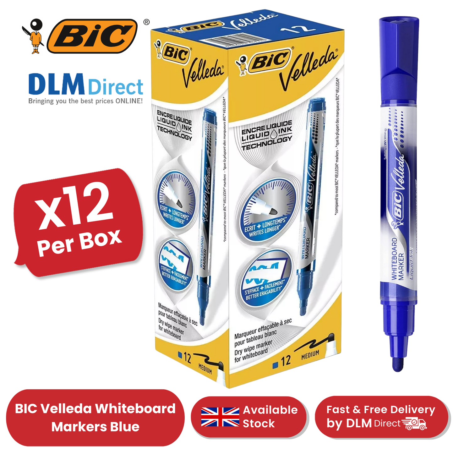BIC Velleda Liquid Ink Dry Wipe Markers - Blue Ink, Smooth Writing, Pack of 12
