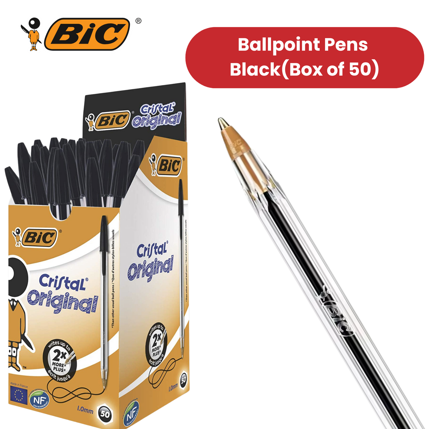 BIC CRISTAL MEDIUM BALL POINT PEN BLACK - BOX OF 50 - 1 to 5 Packs