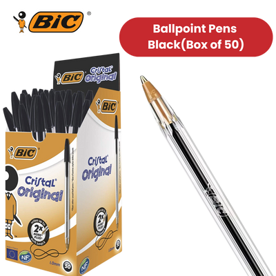 BIC CRISTAL MEDIUM BALL POINT PEN BLACK - BOX OF 50 - 1 to 5 Packs