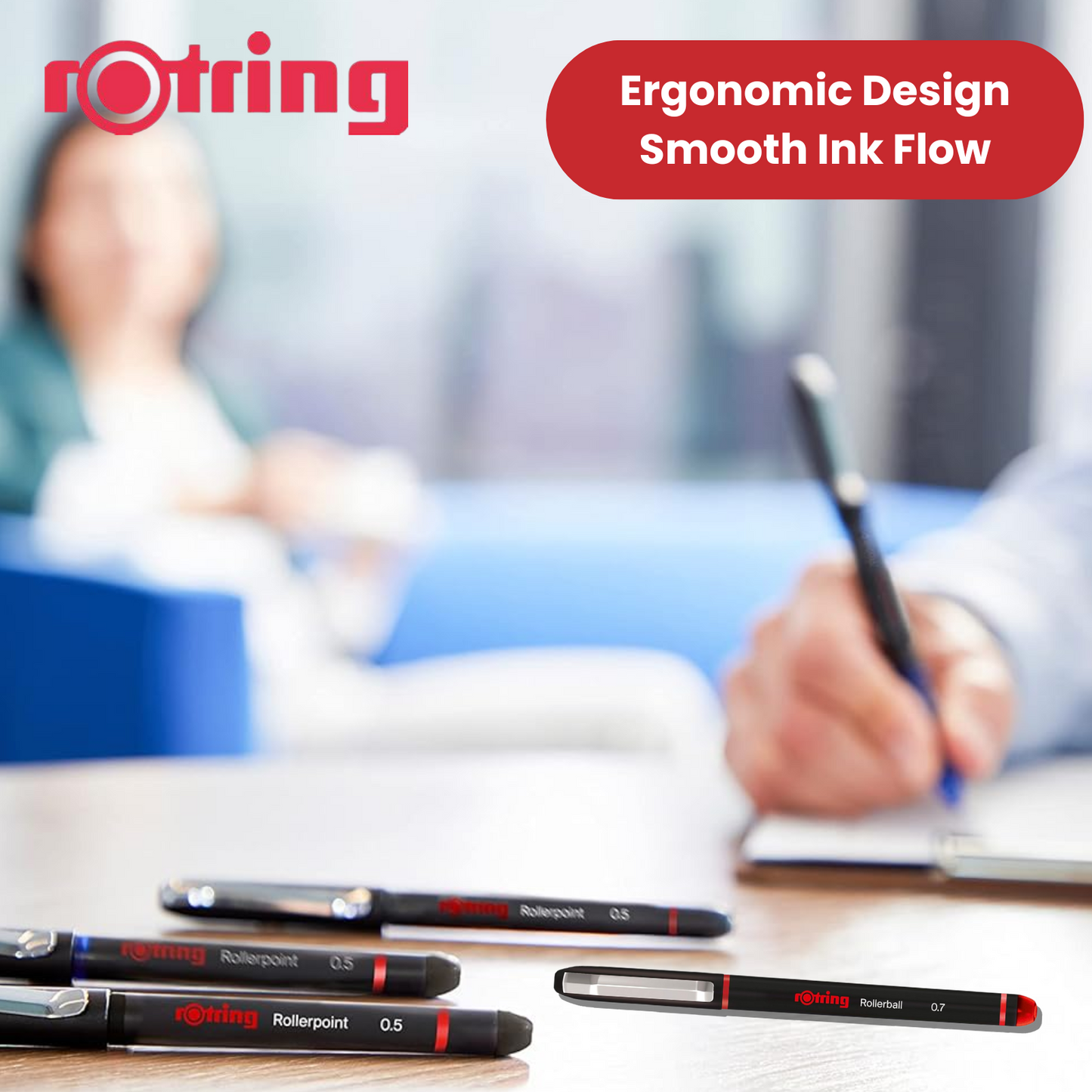 rOtring Rollerball Pen Fine Point 0.7mm - Red Ink, Smooth & Precise Writing