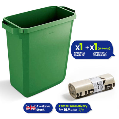 110L Bin Bags 25 Pack and 60L DURABIN Waste Bin Green Bundle Strong Recycled Plastic Set