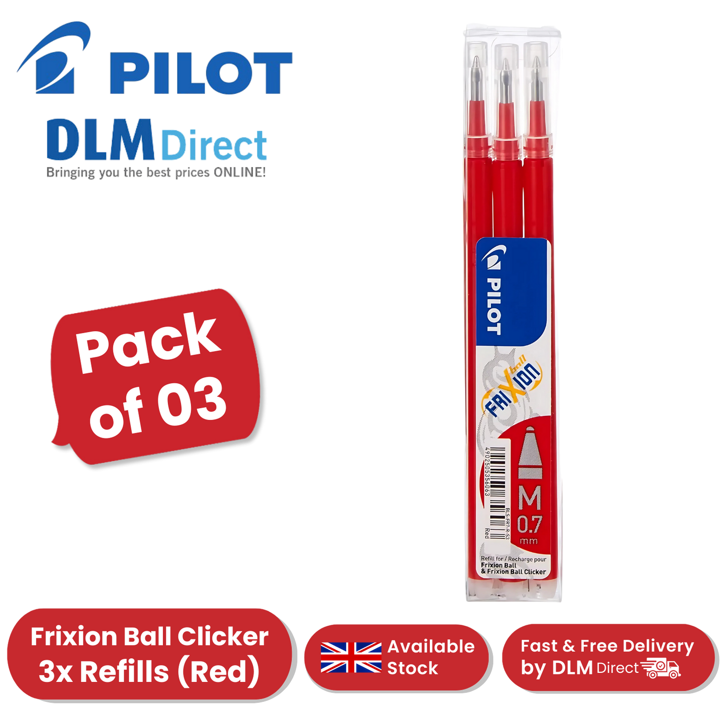 Pilot FriXion Ball & Clicker Pen Refills Red 0.7mm - (Pack of 3) Smooth Writing