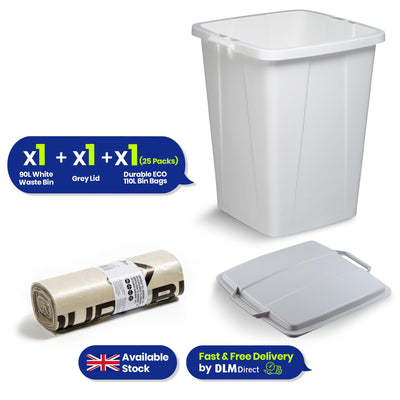 DURABIN 90L White Bin Set with Grey Lid and Strong 110L Bin Bags