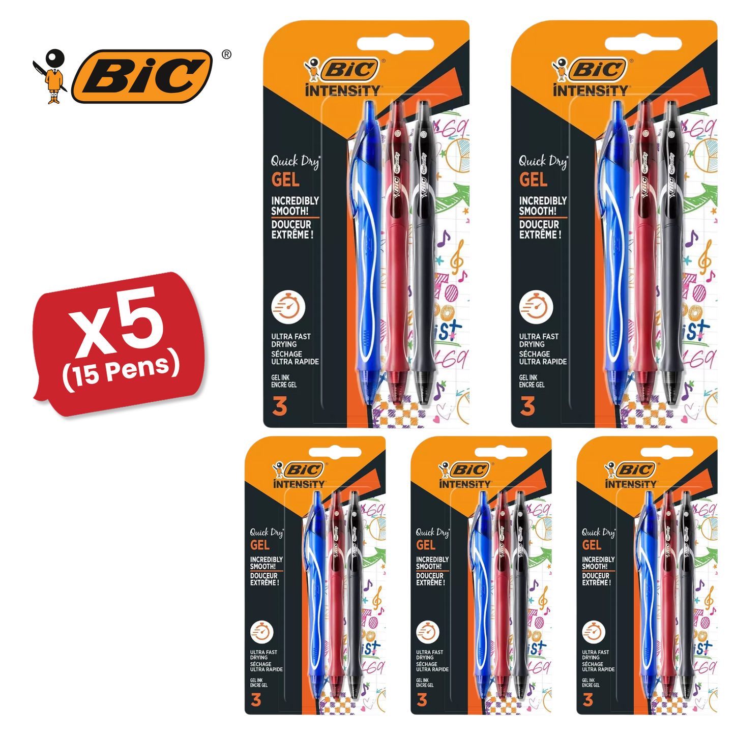 BIC Gel-ocity Quick Drying Gel Pen, Assorted Colours, 3 Pack
