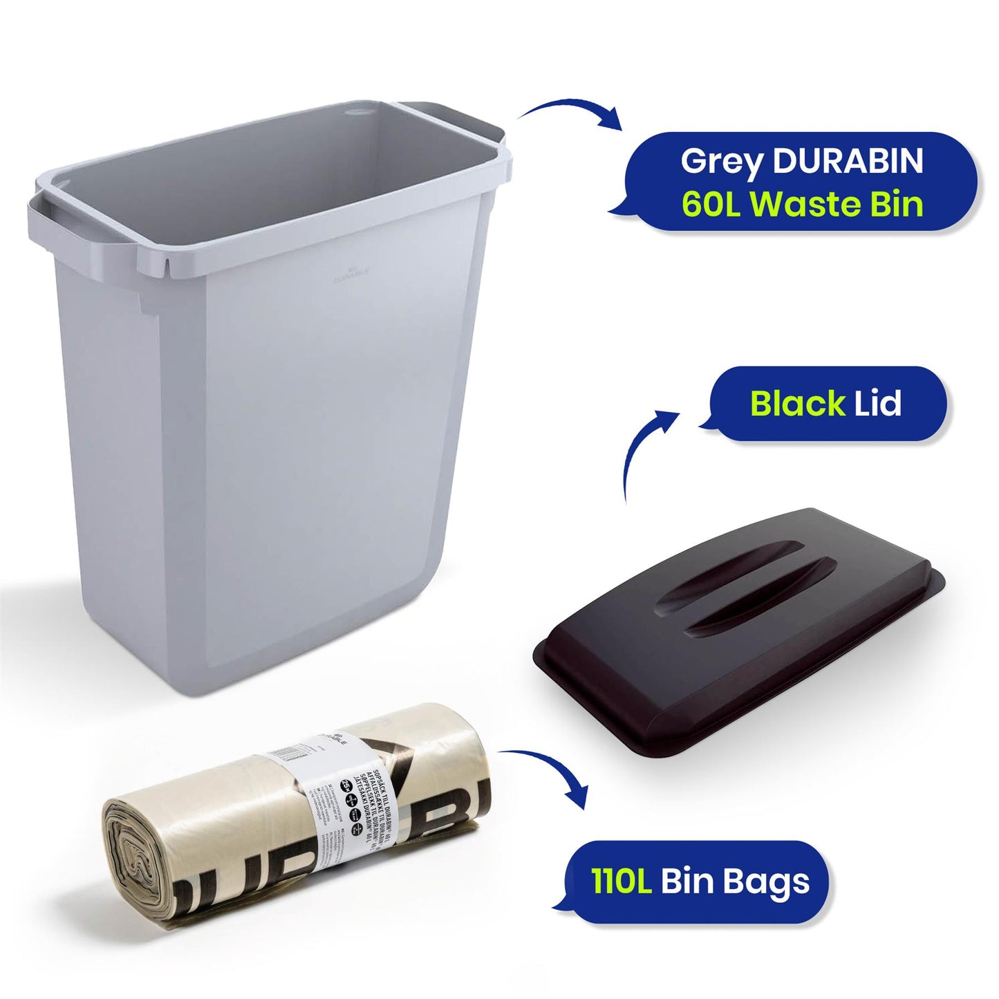 DURABIN 60L Grey Bin Set and Black Lid and 25x 110L Recycled Bin Bags