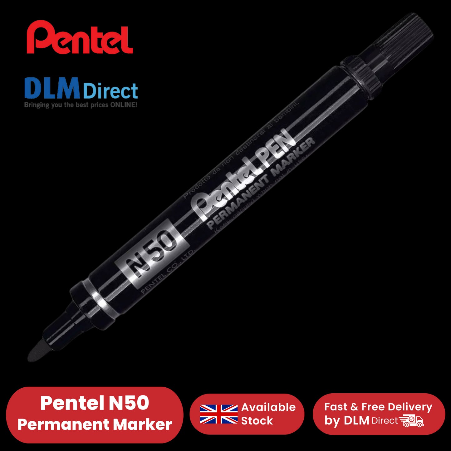 Pentel N50 Permanent Marker Bullet Tip 1.5-2mm Line Black Ref N50-A - 1 to 24
