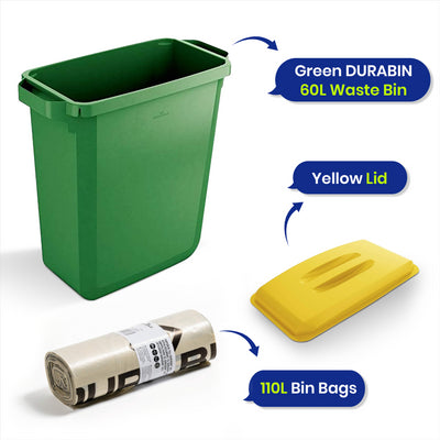 DURABIN 60L Green Bin Set & Yellow Lid and 25x 110L Recycled Bin Bags