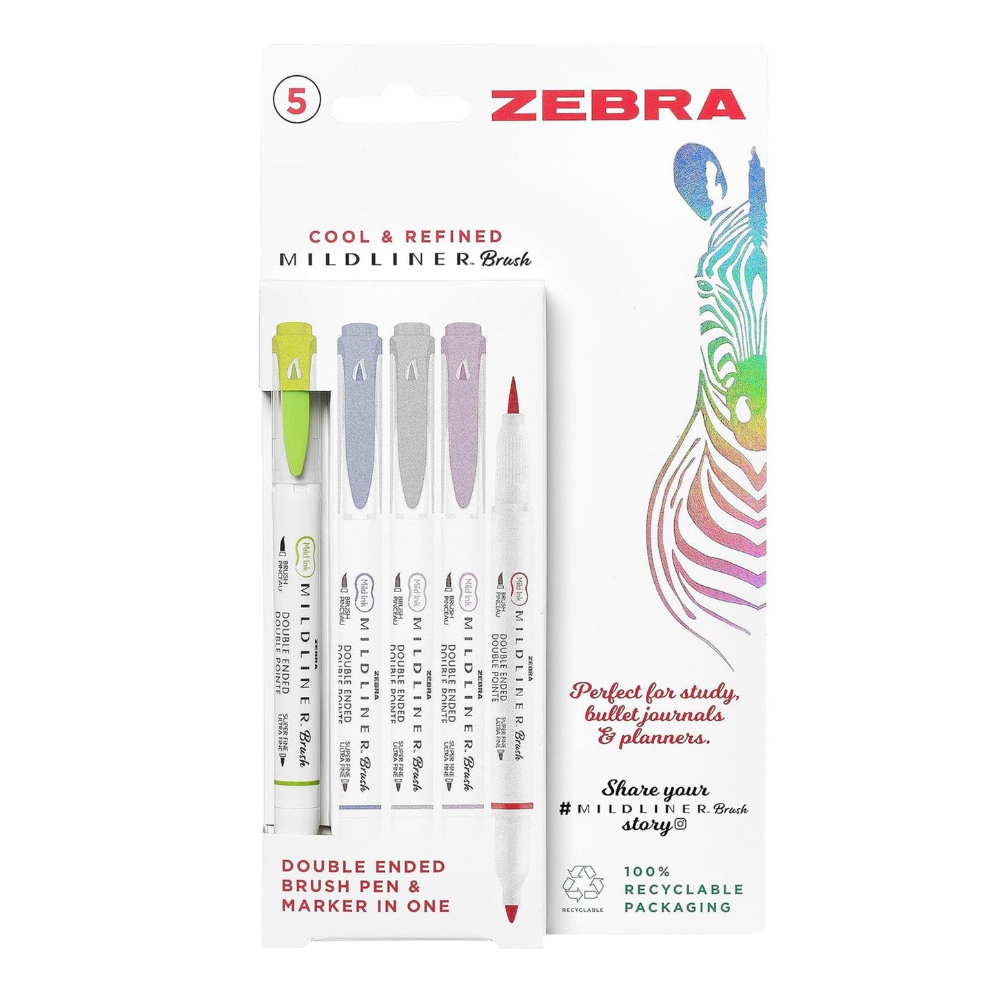 Zebra Dual Tip Brush Pens Mildliner Set of 5 Markers with Bullet and Brush Tips for Art and Journaling