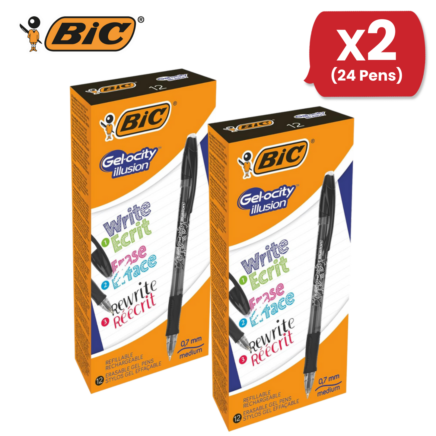 BIC Gel-Ocity Illusion 0.7mm Erasable Gel Pens Black - Pack of 12 Refillable