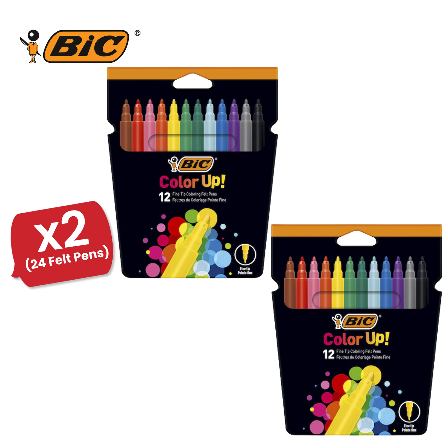 BIC Colour Up Colouring Felt Pens Assorted Colours - Pack of 12 - 1 to 5 Packs