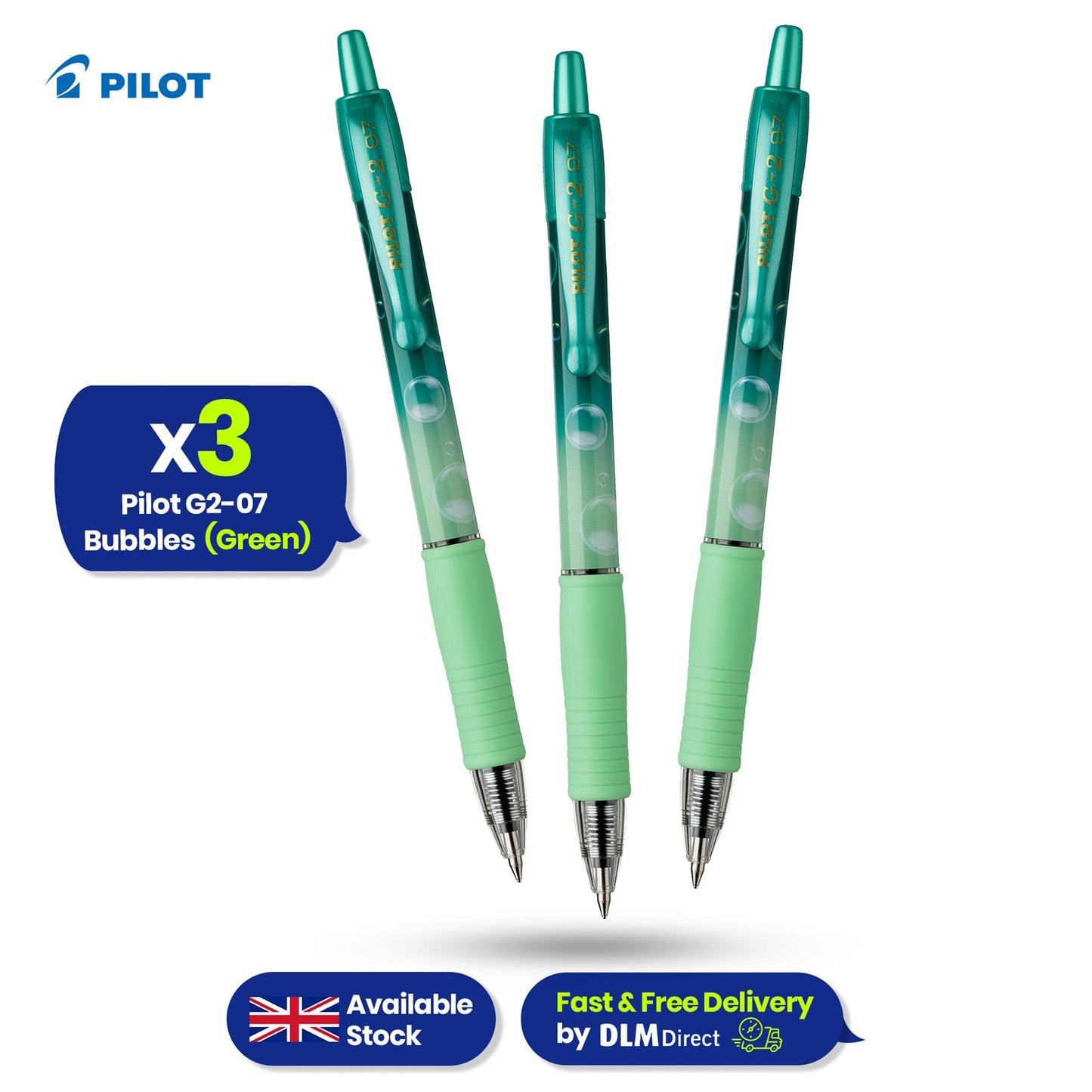 Pilot G2 Gel Pen Bubble Green Pack of 3 Blue Gel Ink 0.7mm Ergonomic Grip