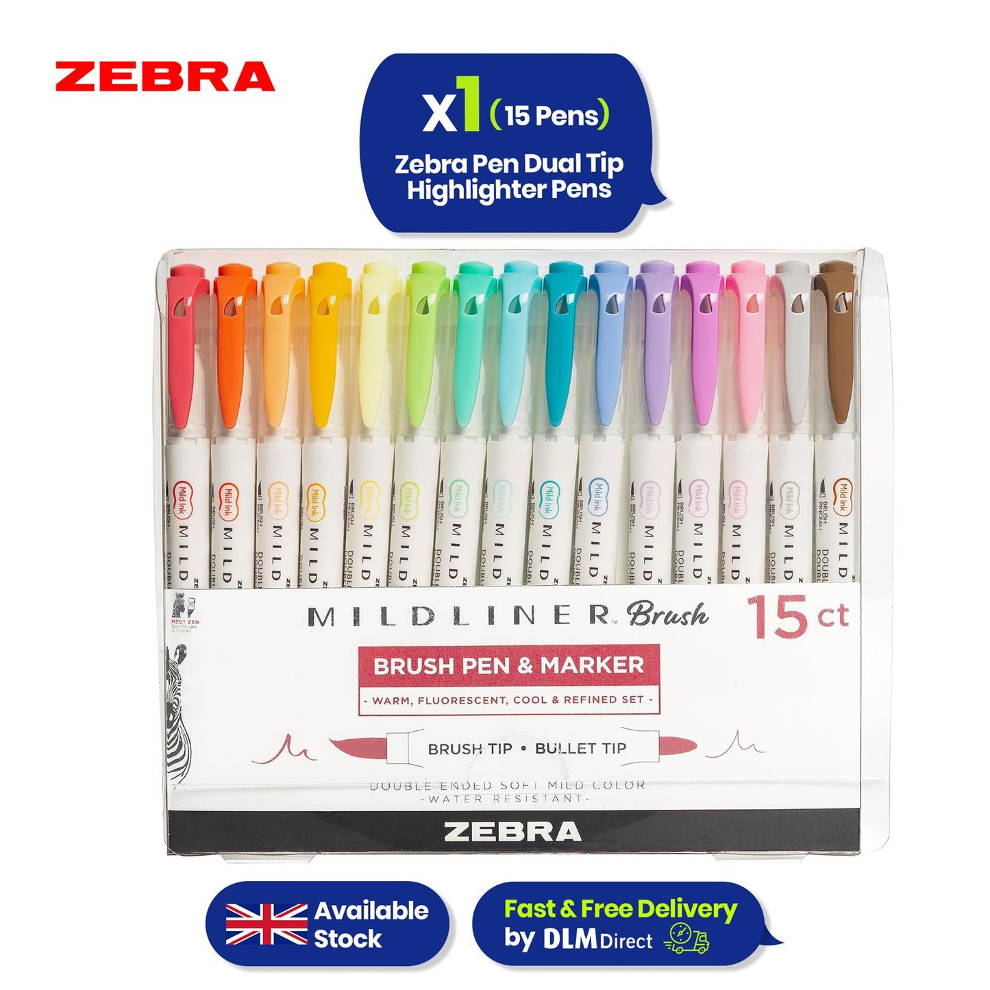Zebra Mildliner Dual Tip Highlighter Pens Set of 15 Pastel Colours with Brush and Bullet Tip Ink