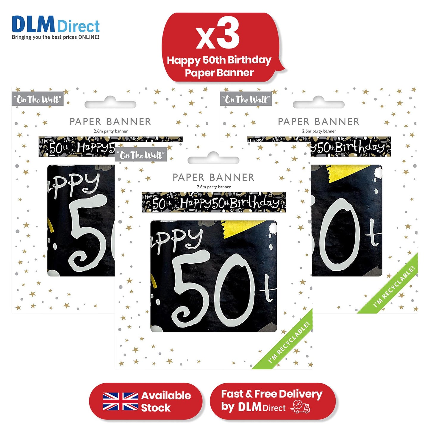 Happy 50th Birthday Black and White Recyclable Banner - 2.6m