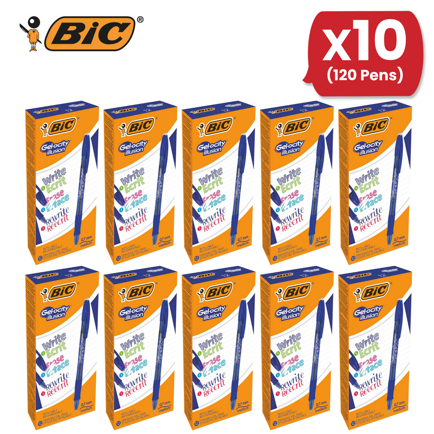 BIC Gel-Ocity Illusion 0.7mm Erasable Gel Pens Blue - Pack of 12 Refillable