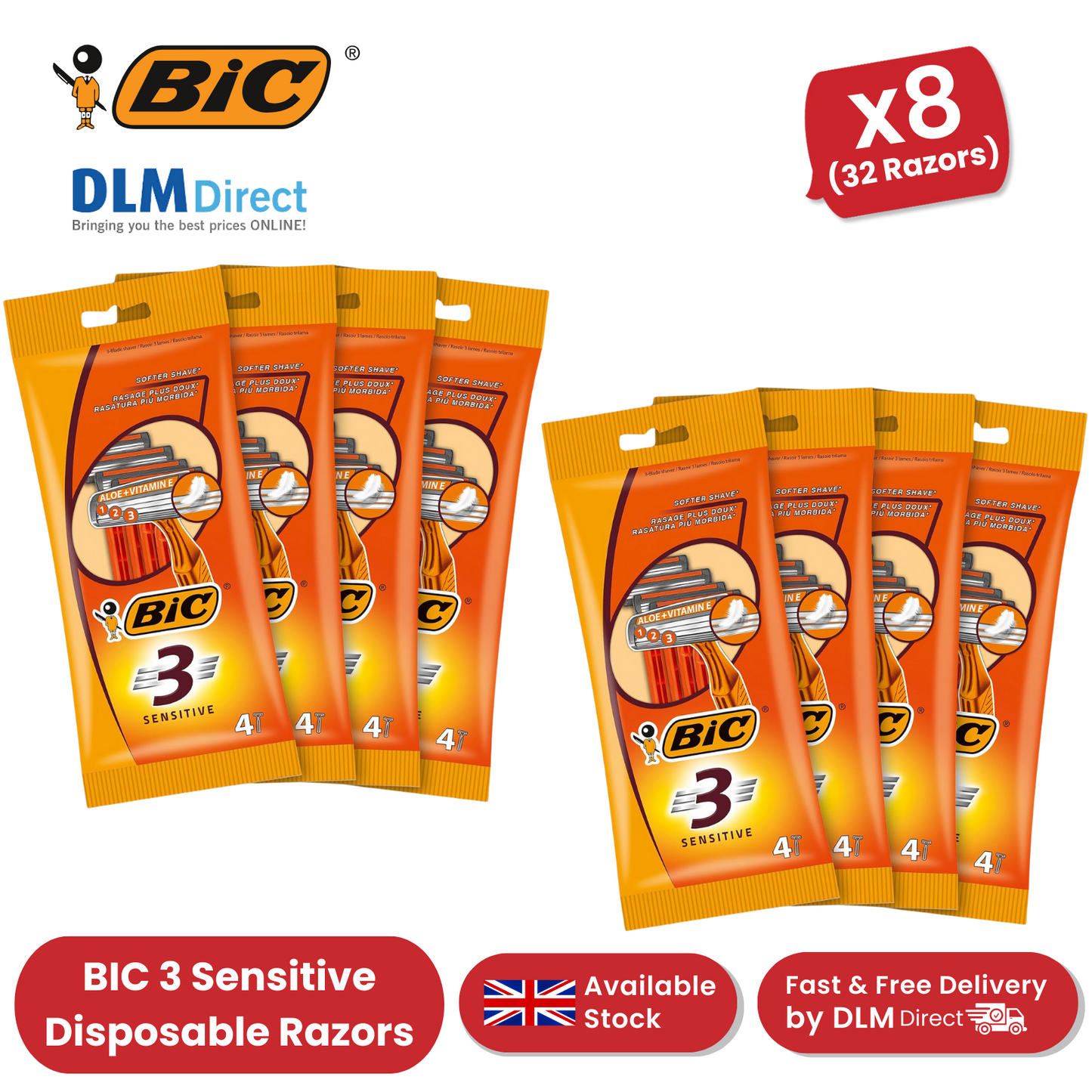 BIC 3 Sensitive 3-Blade Disposable Razors for Men Aloe + Vitamin E - 8 Pack