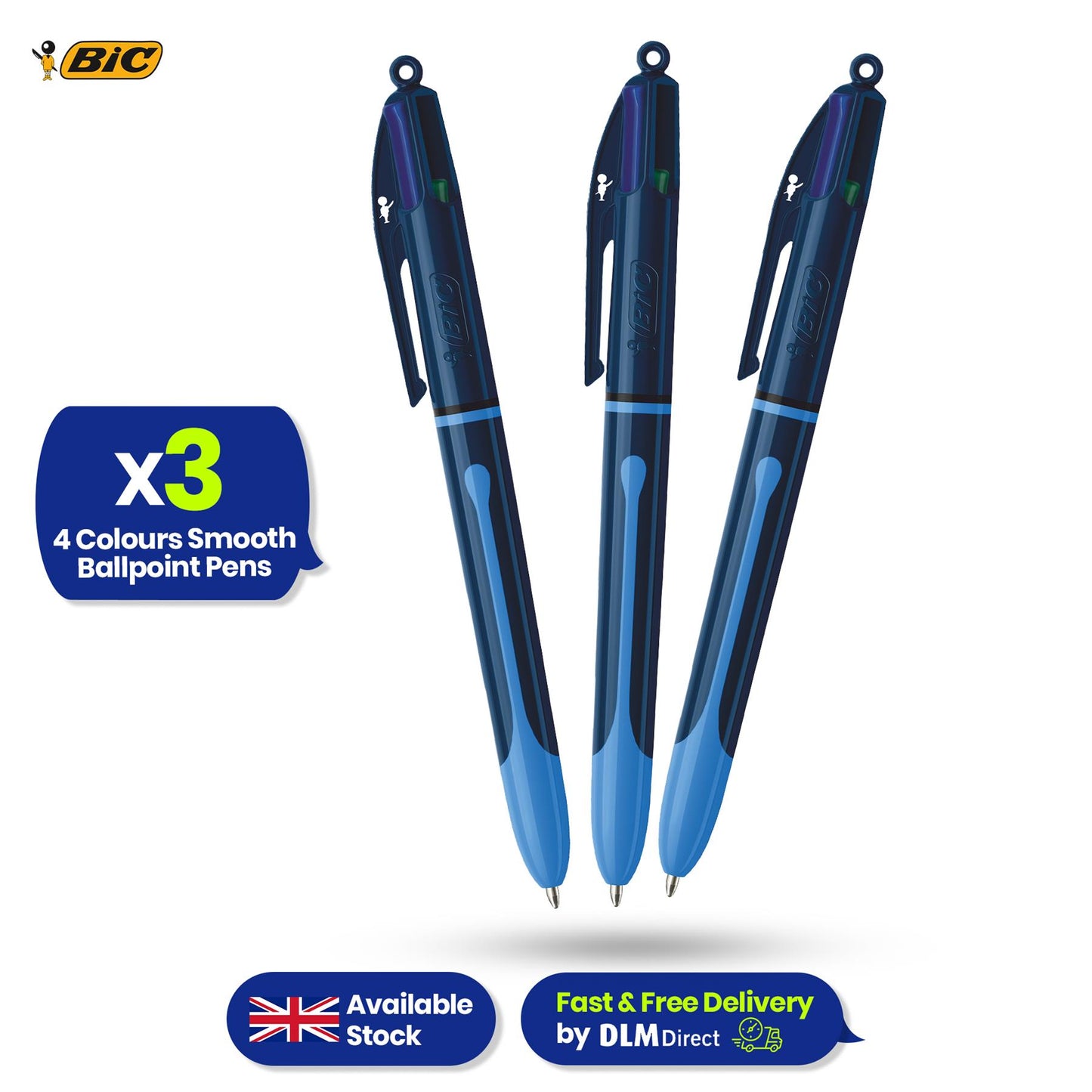 BIC 4-Colour Smooth Pens Pack of 3 Medium Points for Office & Home