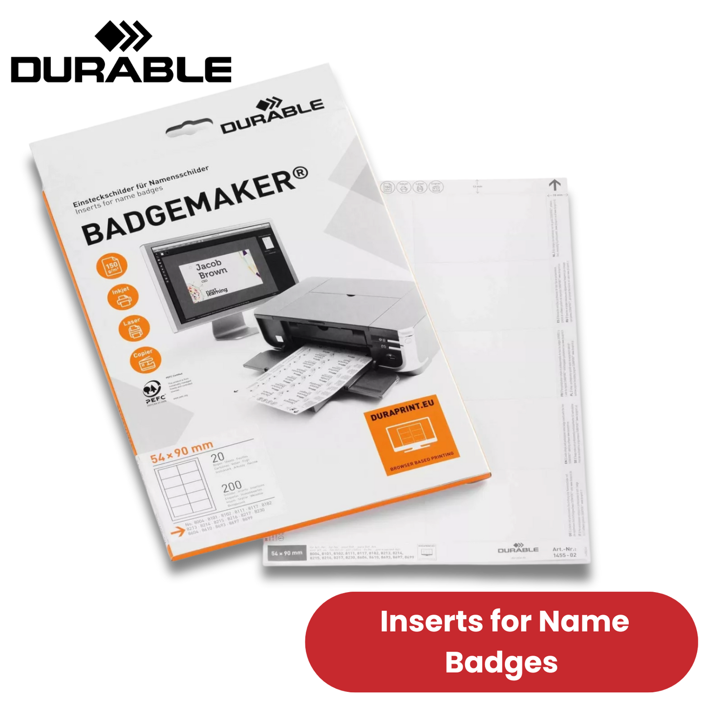 DDurable BADGEMAKER Inserts 54 x 90 mm - Pack of 200 Inserts - White - 1 to 5