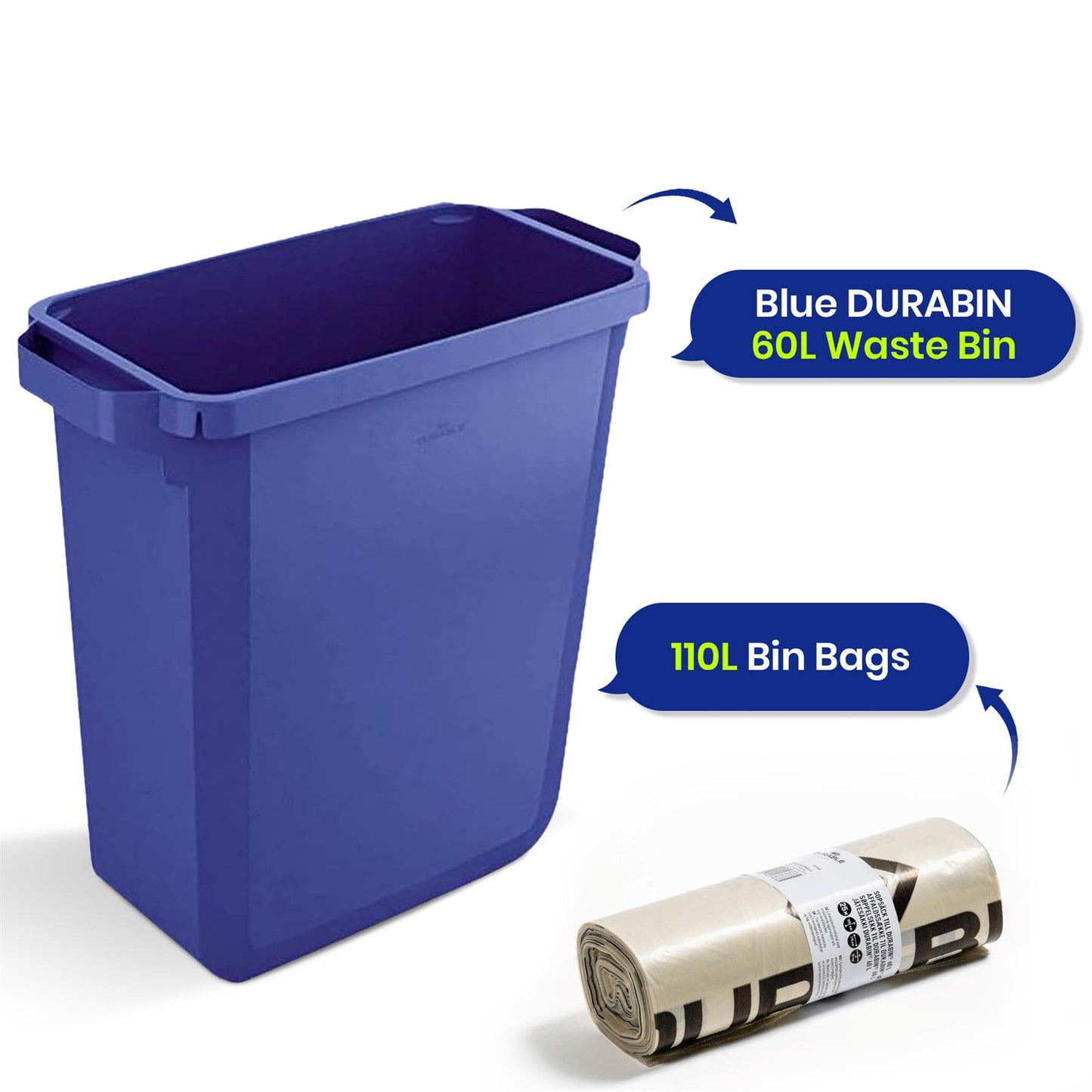 110L Bin Bags 25 Pack and 60L DURABIN Waste Bin Blue Bundle Strong Recycled Plastic Set