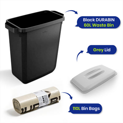 DURABIN 60L Black Bin Set and Grey Lid and 25x 110L Recycled Bin Bags
