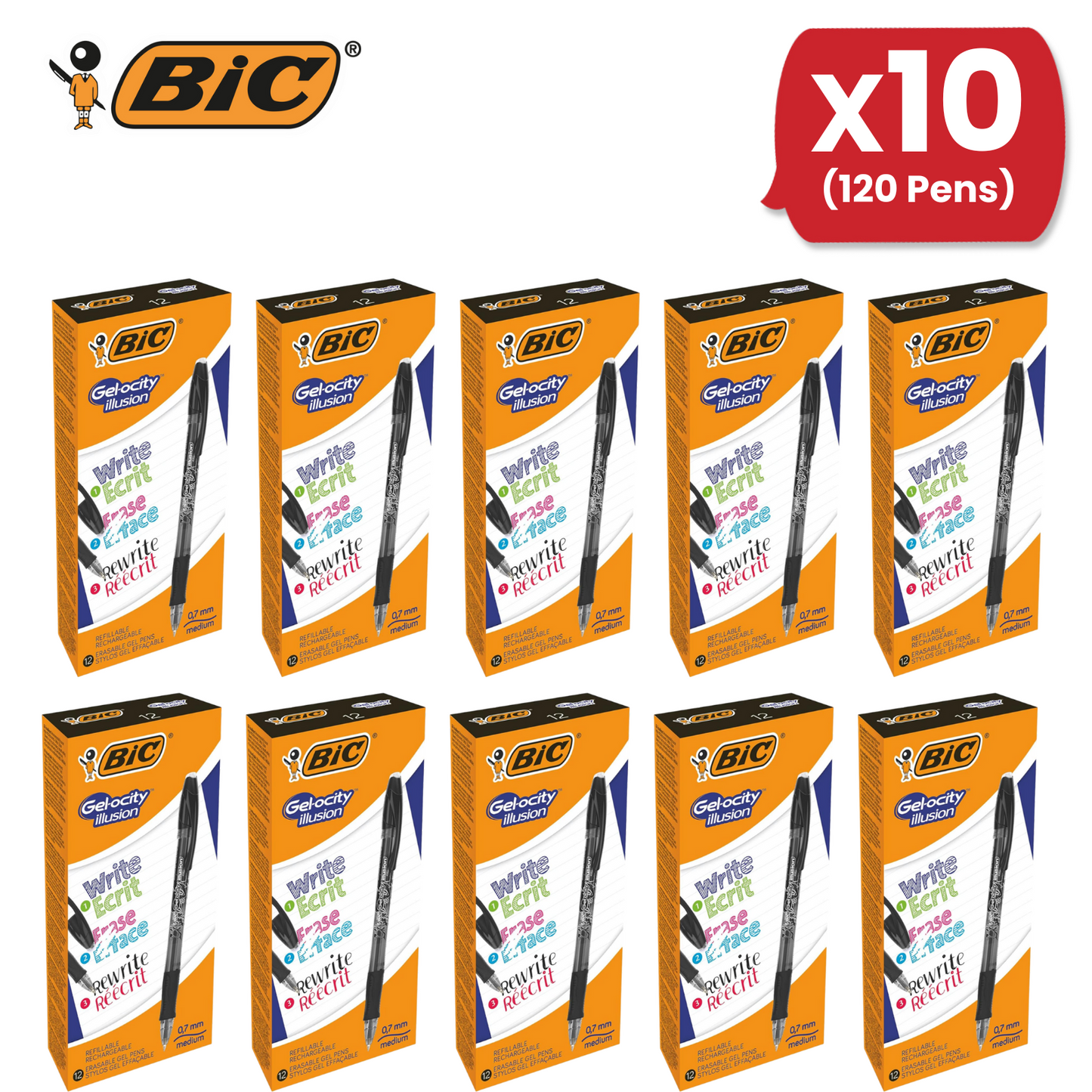 BIC Gel-Ocity Illusion 0.7mm Erasable Gel Pens Black - Pack of 12 Refillable