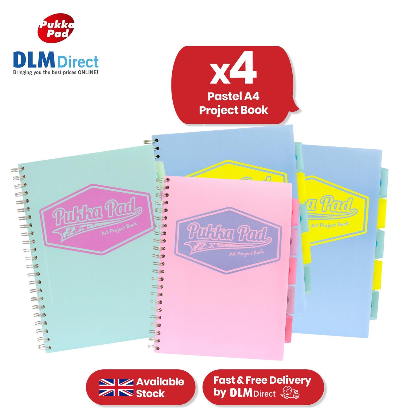Pukka Pad Project Book - Assorted Pastel Divider Notebook, 200 Pages A4 Notepad for Meetings