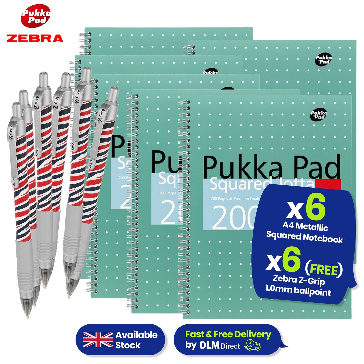 Pukka Pad A4 Metallic Squared 200 Page Notebook with Free Zebra Ballpoint