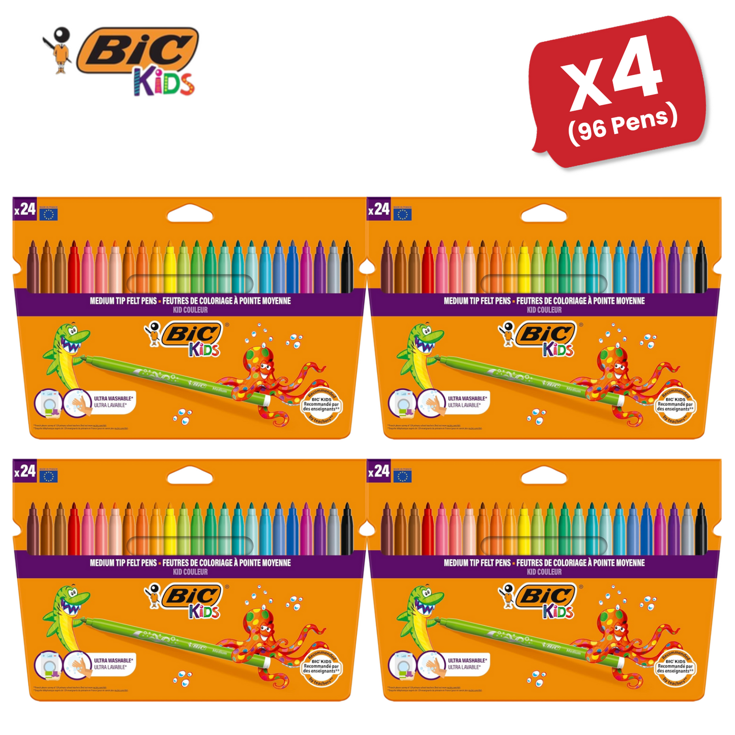 BIC Kids Felt Tip Pens with Medium Blocked Tip 24 Colours