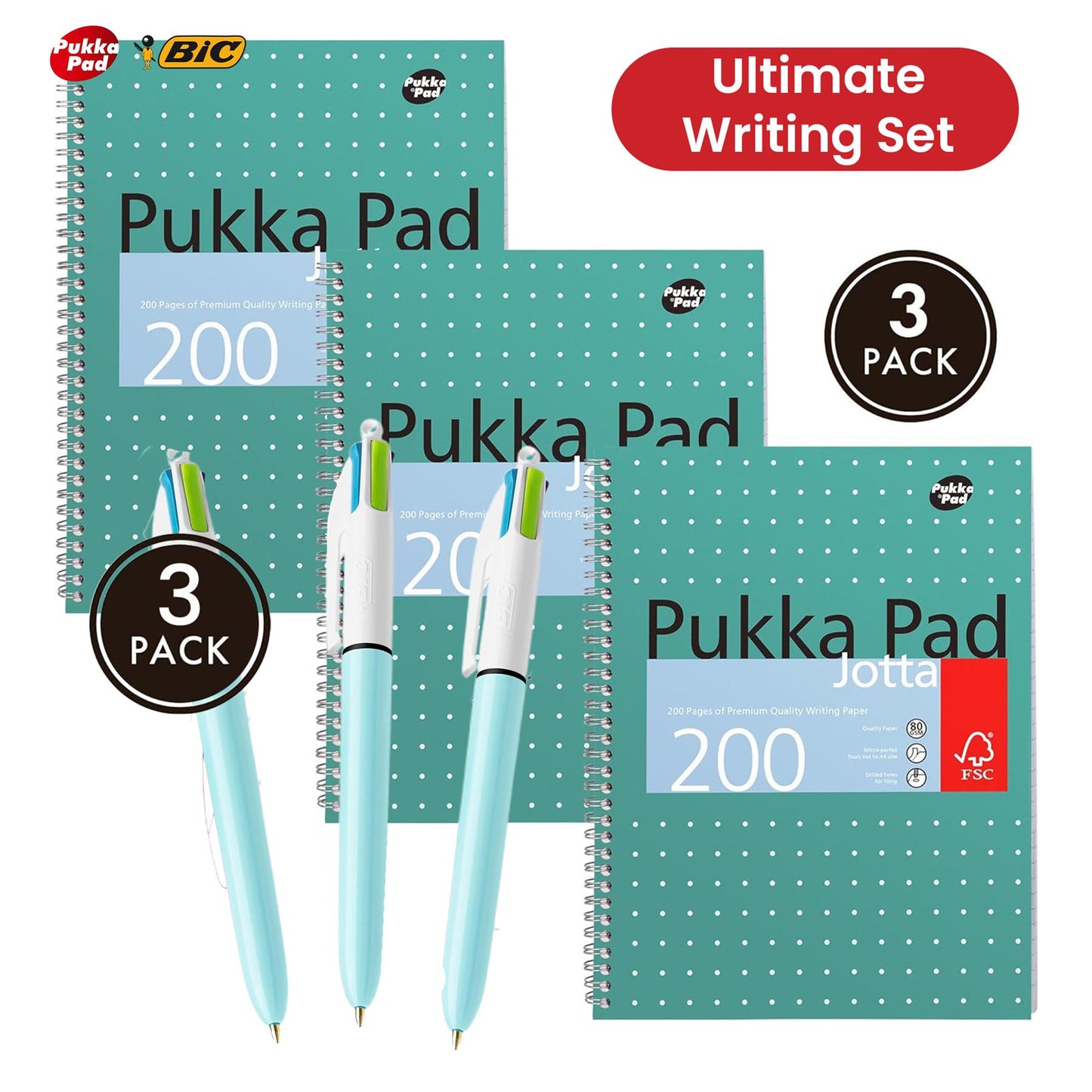 Pukka Pad 3x A4 Jotta Notebook & Pack of 3 BIC 4 Colour Fun Pen Ideal for School and Office Use