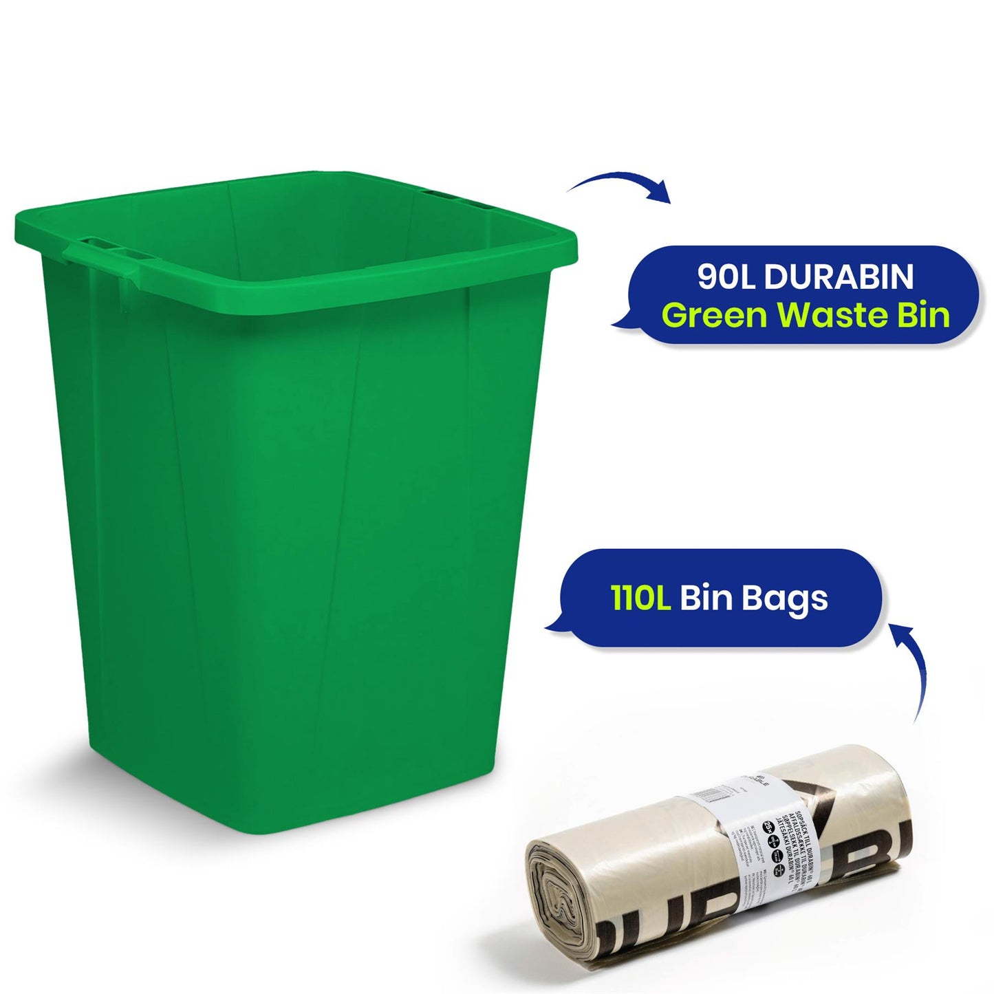 110L Bin Bags 25 Pack and 90L DURABIN Green Waste Bin Bundle Strong Recycled Plastic Set