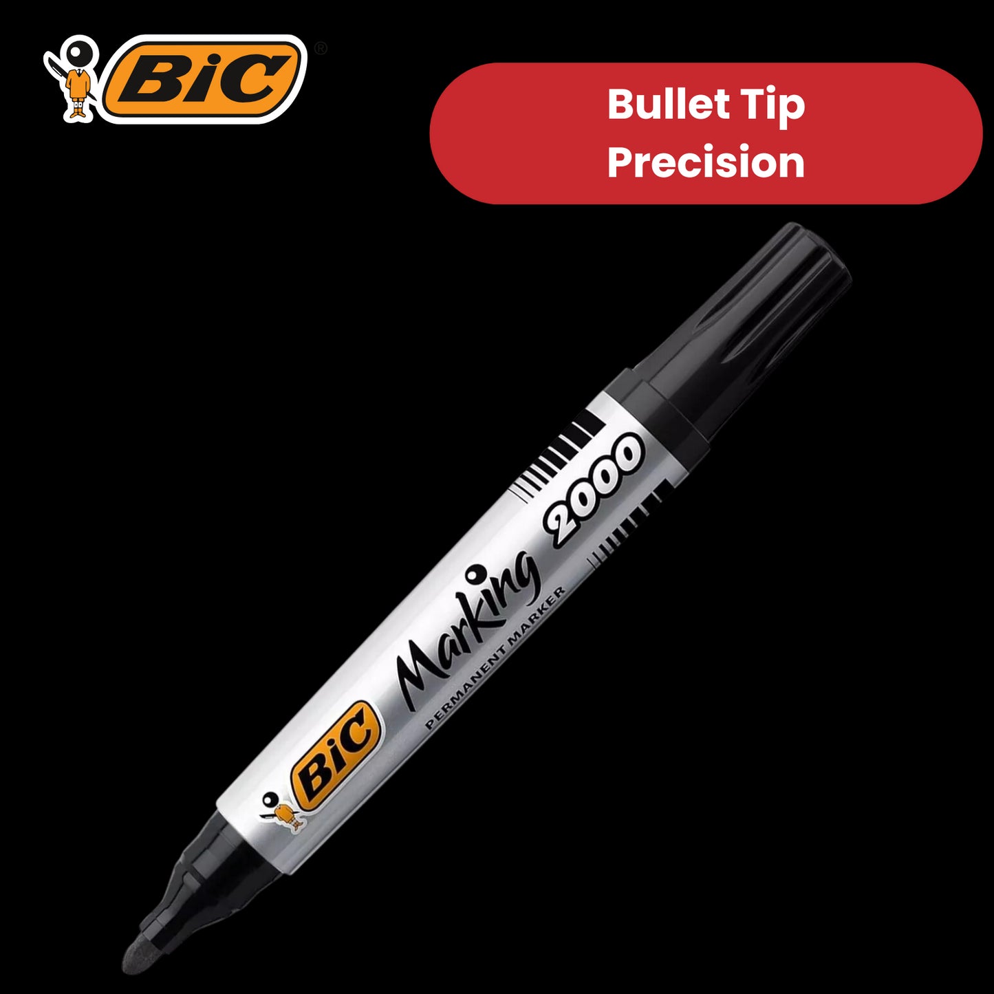Bic 2000 Bullet Tip Permanent Marker( Black, Blue, Red, Green) Pack of 4 Markers