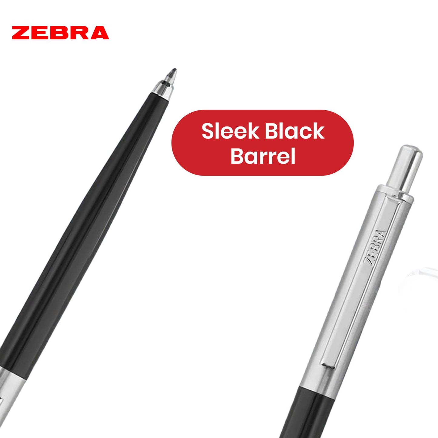 Zebra Ballpoint, Stainless Steel Retractable Pen Refillable Fine Point Biro for Presentation, Meeting & Assignments-Black