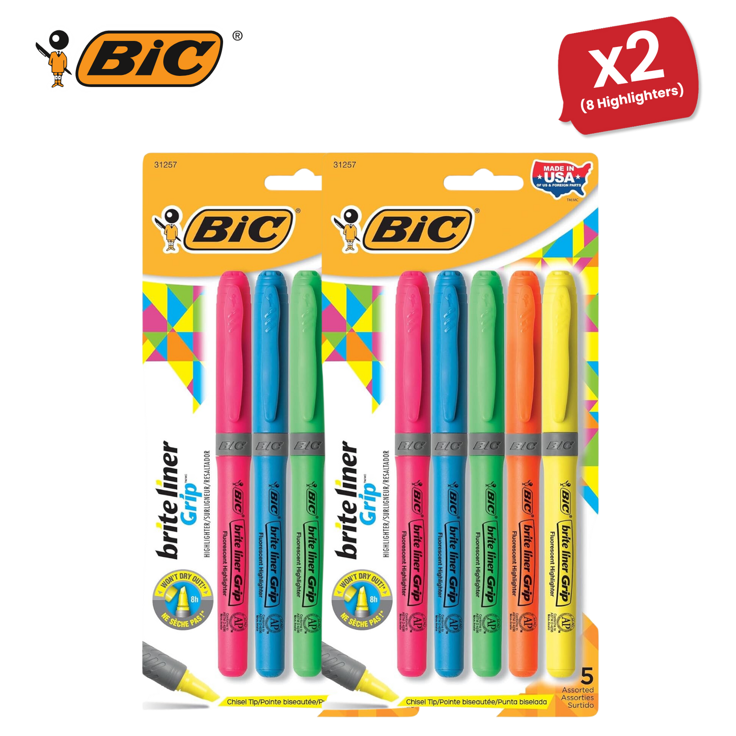 Bic brite liner Grip (1.6 to 3.3 mm) Chisel Tip Highlighter Pen Assorted (1 x Pack of 5 Highlighter Pens) - 1 to 5 Packs