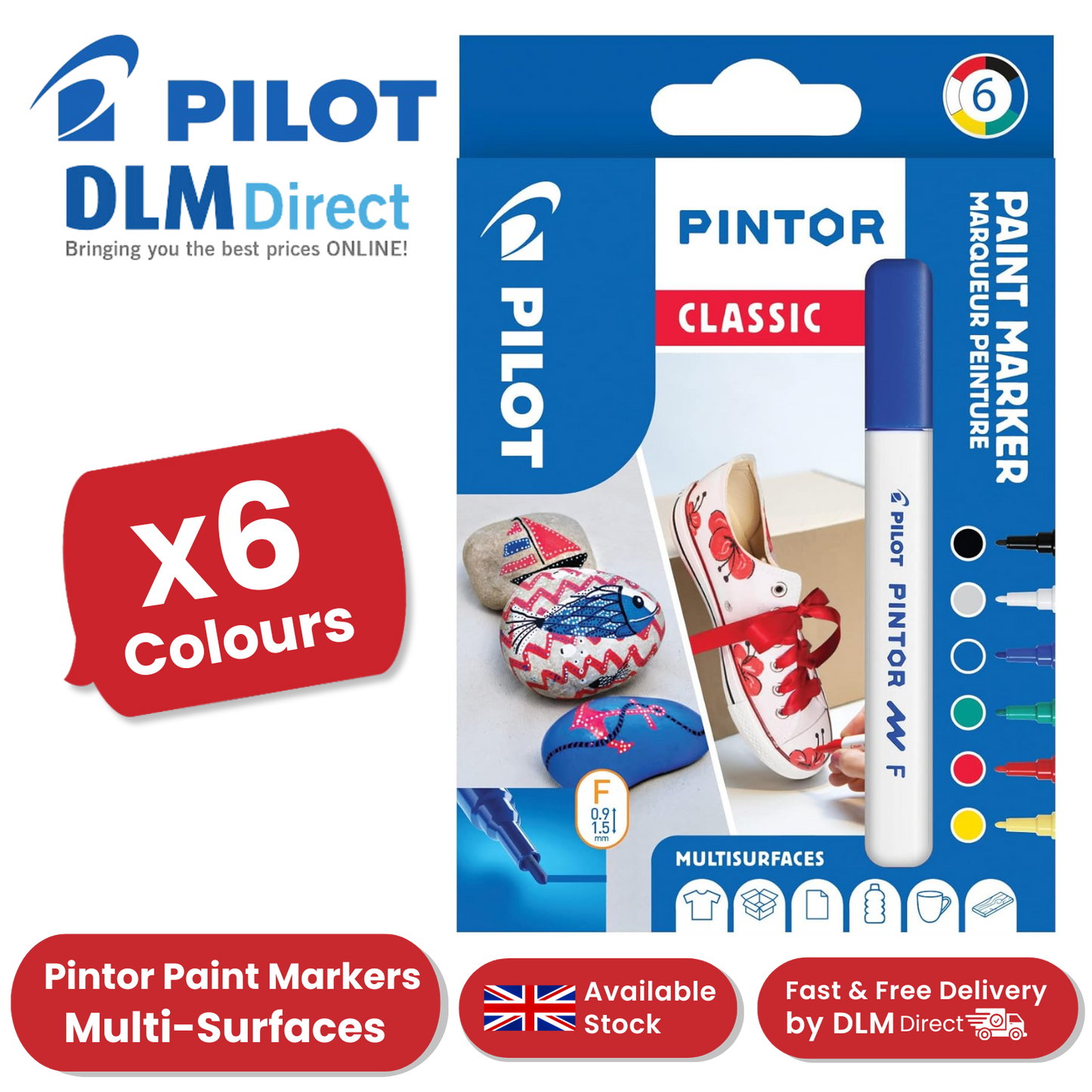 Pilot Pintor Fine 6-Color Set - Black, White, Blue, Red, Green, Yellow Markers