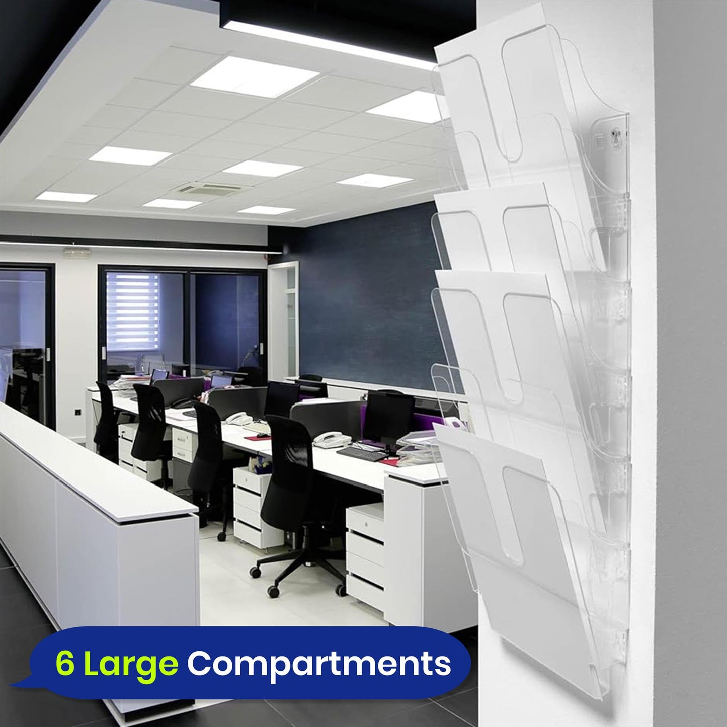 A4 Landscape Wall Mounted Document Holder with 6 Compartments for Flyers & Magazines