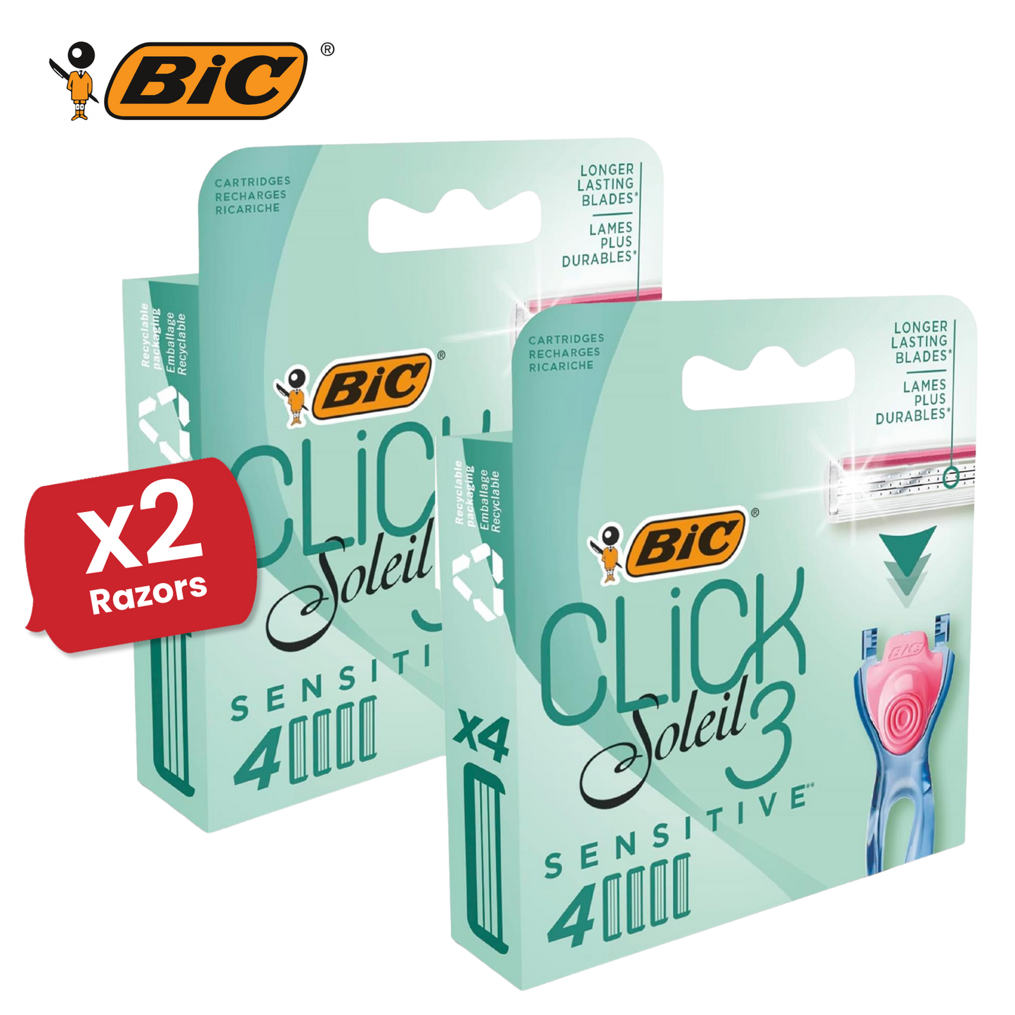 BIC Click 3 Soleil Sensitive Women's Razor Refills - 1 Box of 4 Blades