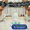 50th Birthday Decoration Set Silver Badge Black and White Banner and Bunting