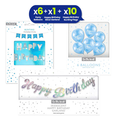 Blue Balloons Silver Garland and Bunting Birthday Party Decorations Set
