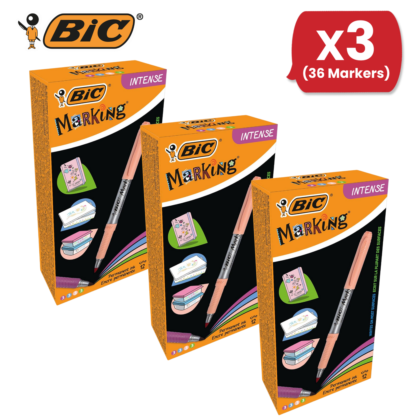 BIC Marking Permanent Markers Fine Tip Assorted Intense & Pastel Colours 12 Pack
