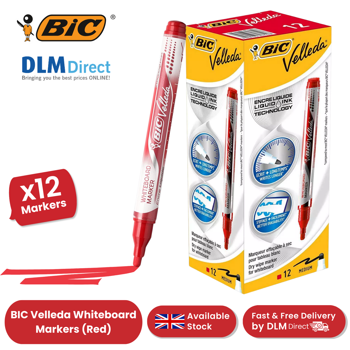 BIC Velleda Liquid Ink Dry Wipe Pocket Markers Red - Pack of 12