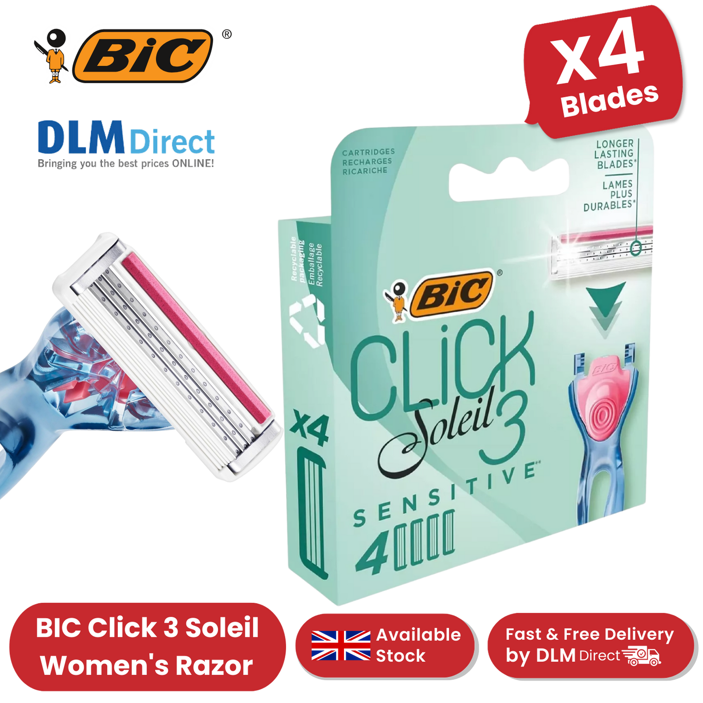 BIC Click 3 Soleil Sensitive Women's Razor Refills - 1 Box of 4 Blades