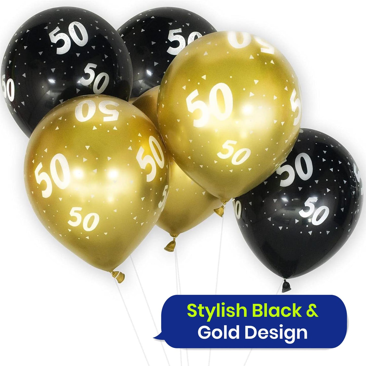 Age 50 Black and Gold Latex Balloons Milestone Birthday, 12 Inch Pack of 6