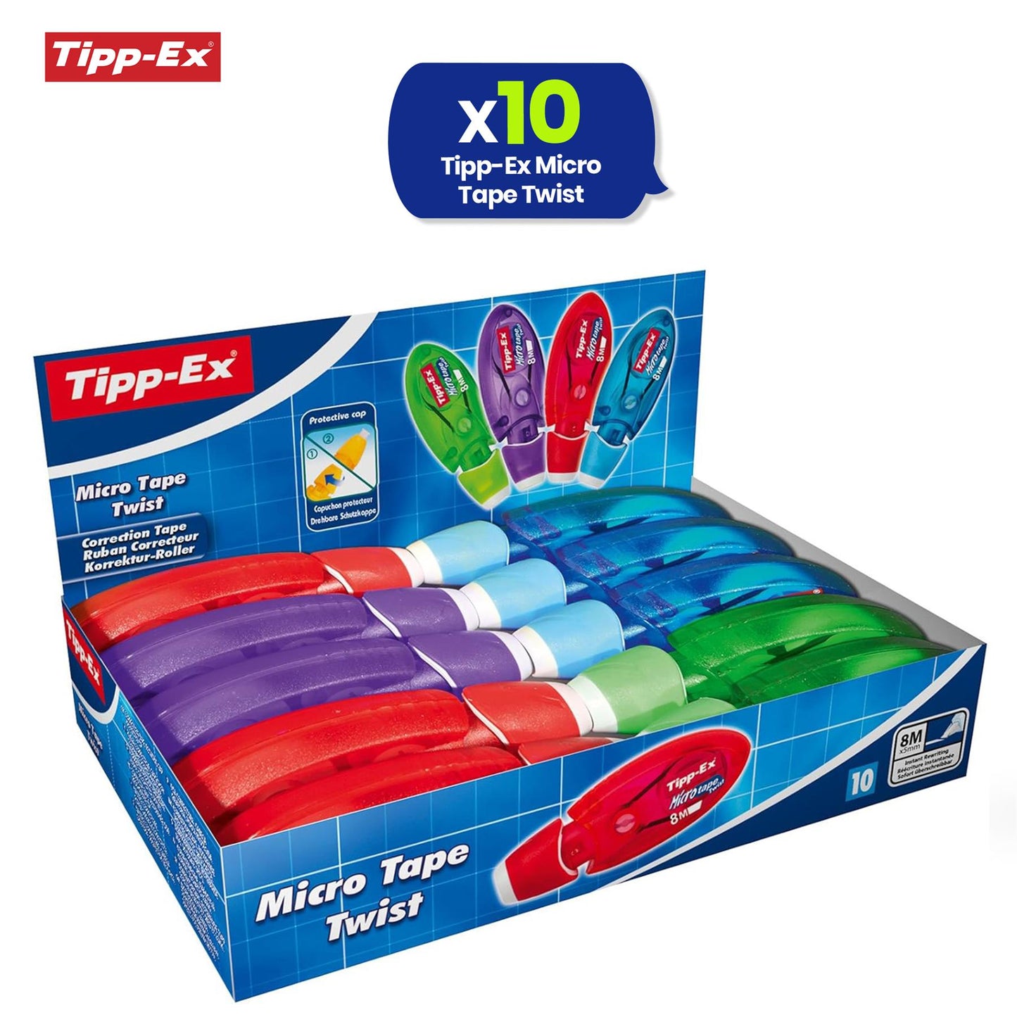 Tippex Micro Tape Twist 10 Pack Assorted Colours with Rewinding and Twist Cap