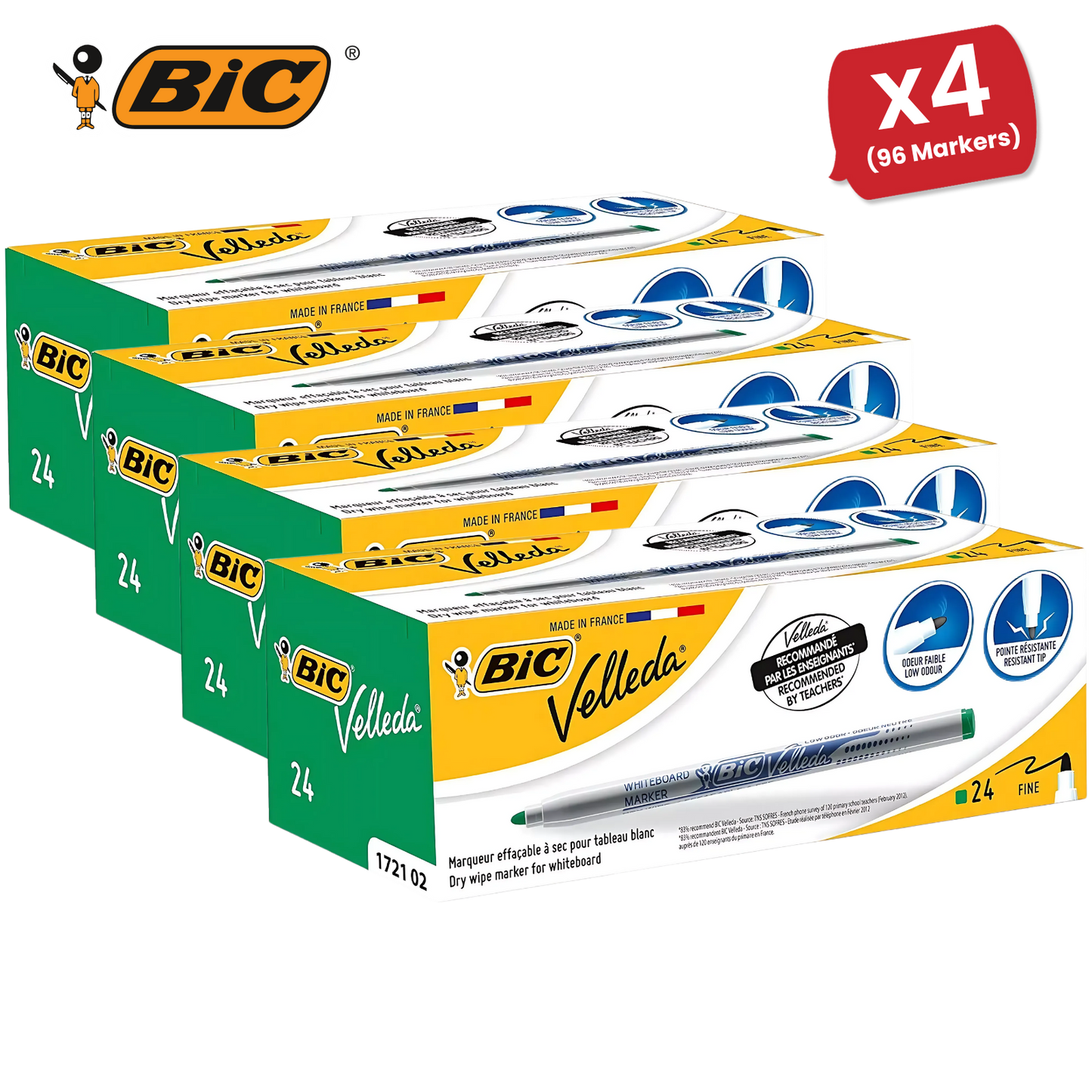 BiC Velleda 1721 Green Dry-Wipe Whiteboard Markers for Bold, Clean Writing, x24