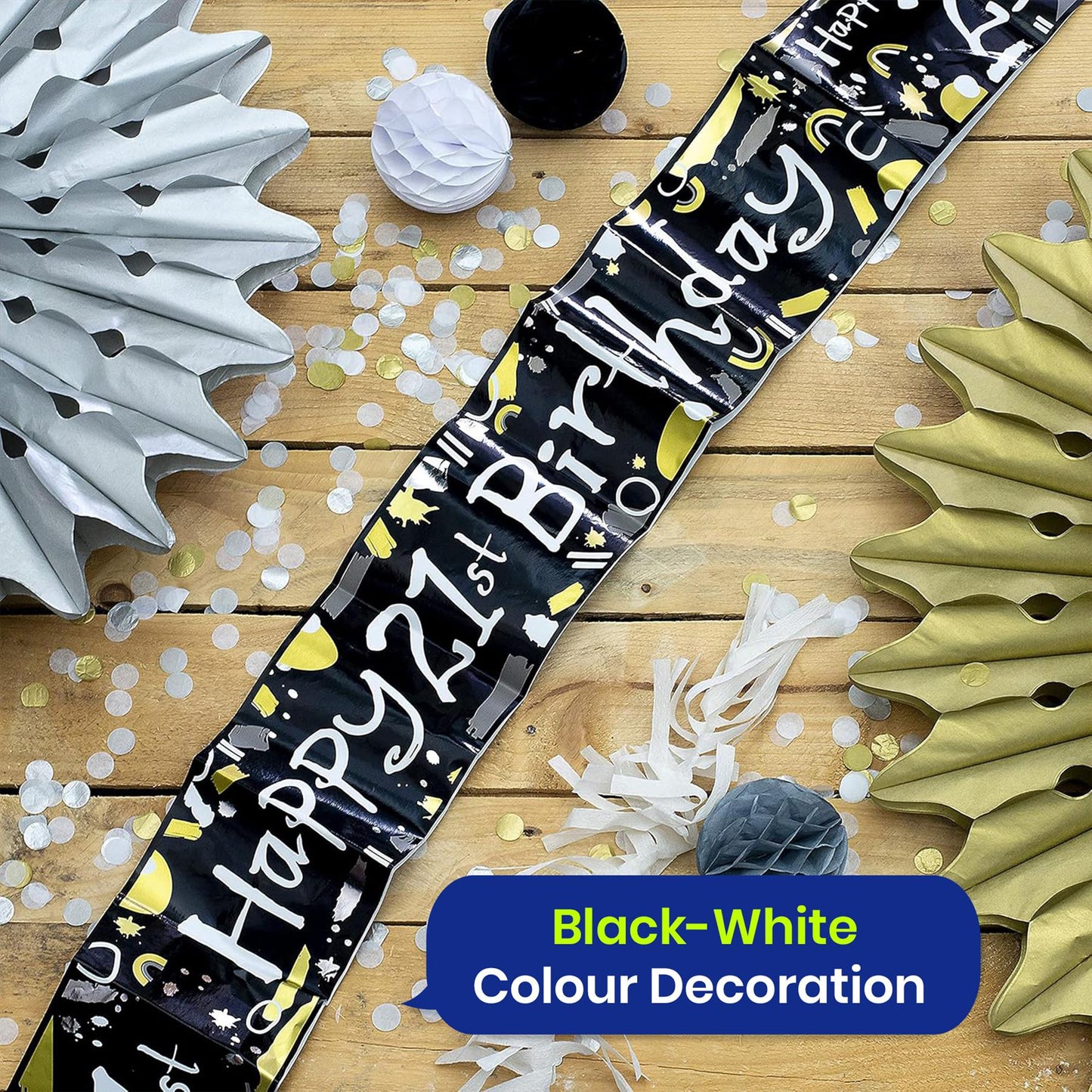 Happy 21st Birthday Black and White Recyclable Banner - 2.6m