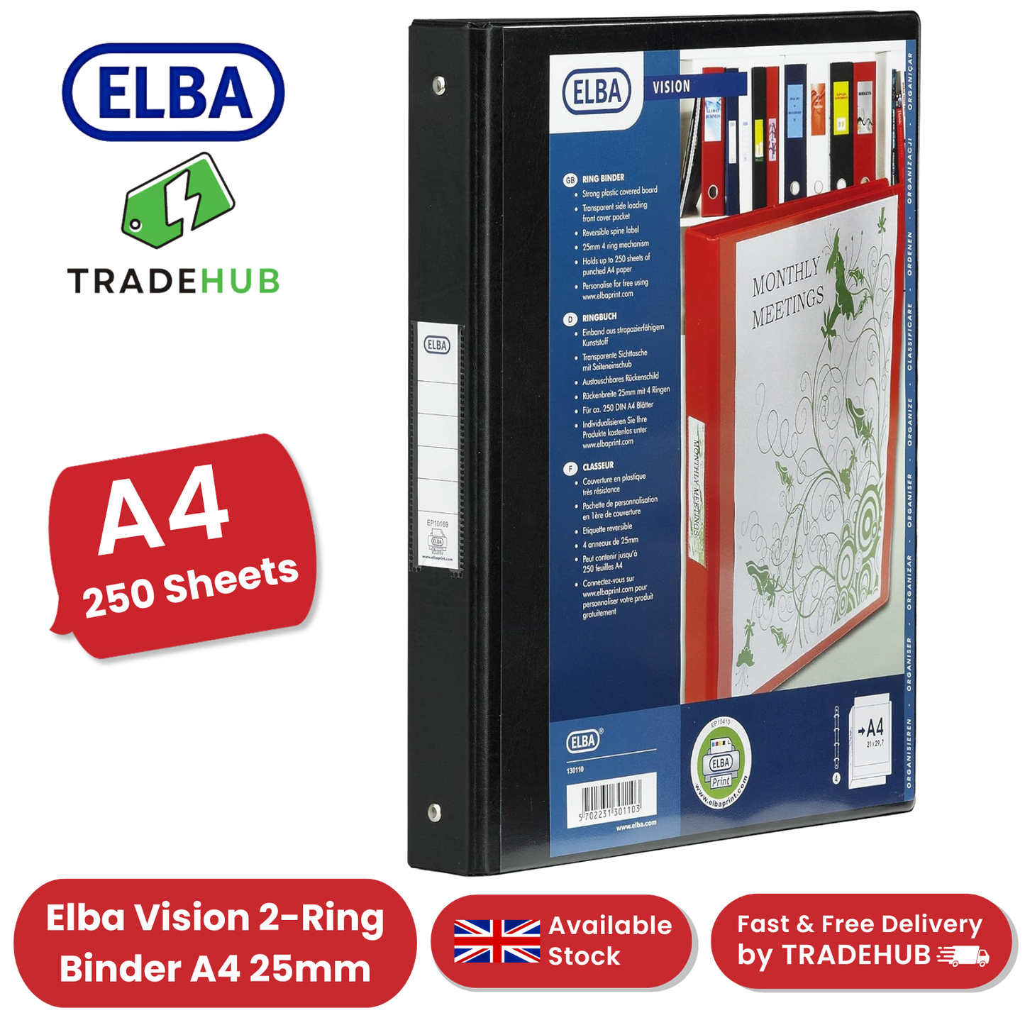 ELBA VISION 2-RING BINDER A4 25MM BLK - 1 to 5 Packs