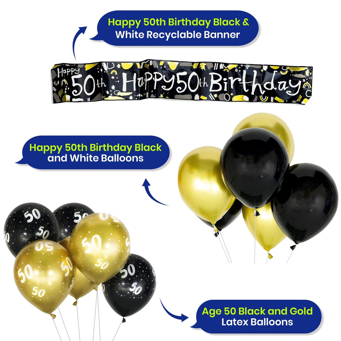 Black and Gold Balloons with 50th Birthday Banner Party Decoration Set 12 Inch