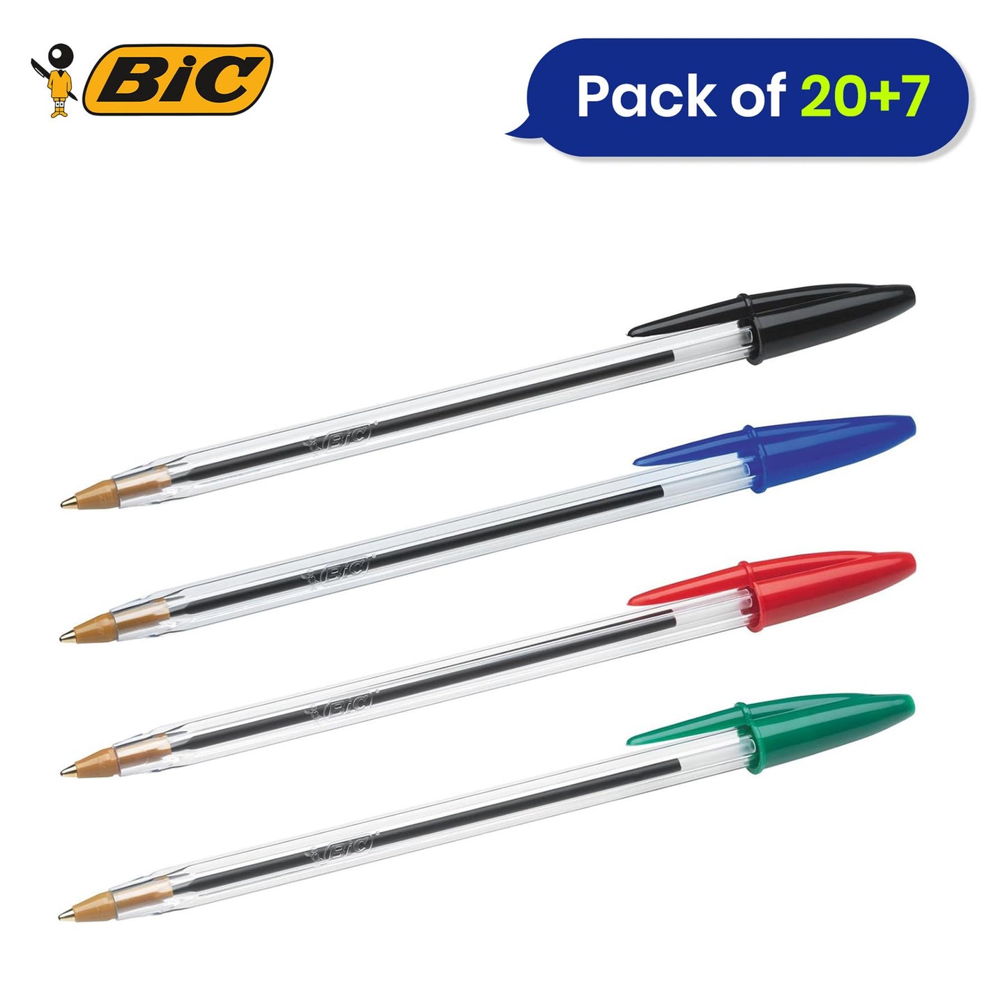 BIC Cristal Original Ballpoint Pens Medium Point (1.0 mm) Assorted Colours, Pouch of 20+7
