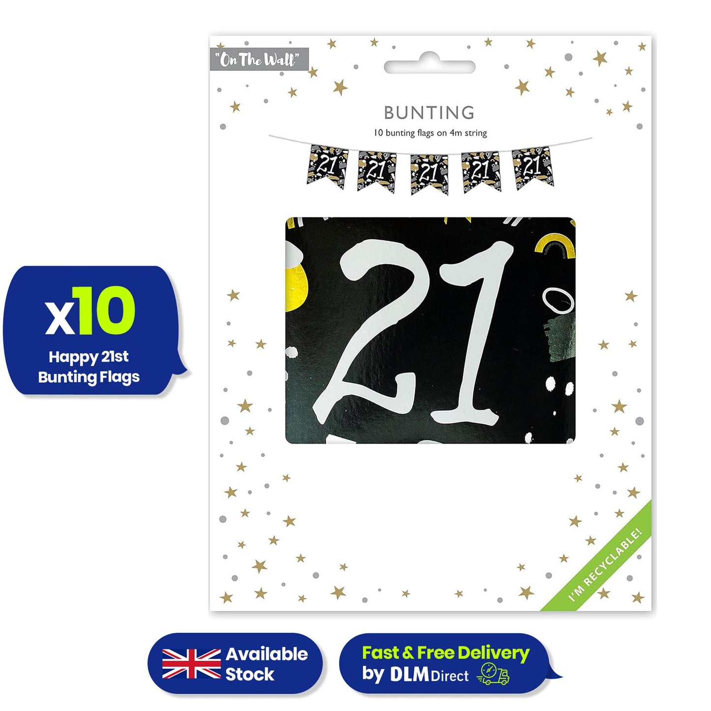 Happy 21st Birthday Black and White Bunting 4M Party Banner with 10 Flags Durable