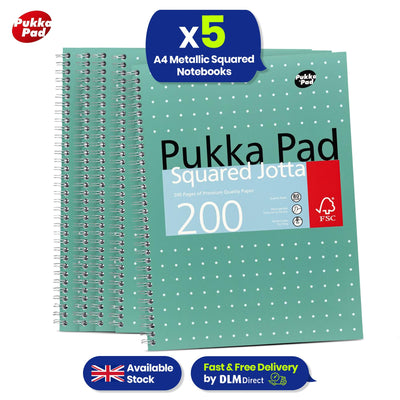 5x Pukka Pad A4 Metallic Squared & Lined Notebooks 200 Pages 80GSM Wirebound